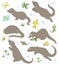 Vector set of cartoon style flat funny otters in different poses with frog, crab, fish, lizard clip art.