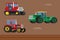 Vector set of caterpillar tractor and wheeled farm tractors.
