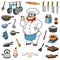 Vector set with chef and objects for cooking. Cartoon sticker se