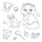 Vector set child sitting on pot and kitten in cat litter. Baby bottle with water or milk, other care and food. Flat