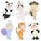 Vector set of children in animal costumes. Cute cartoon kids like panda, unicorn, sheep, hedgehog, tiger, snail