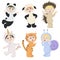Vector set of children in animal costumes. Cute cartoon kids like panda, unicorn, sheep, hedgehog, tiger, snail