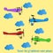 Vector set of children colored retro planes and clouds