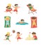 Vector set with children doing summer activities. Kids playing on the beach. Cute girls and boys swimming, playing ball,