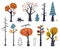 Vector set of children drawings - cute forest and plants. Doodle style. Colorful autumn trees. Woodland flora in