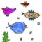 Vector set of children`s drawings - fish and seaweed. Doodle style. Ideal for childs decoration