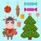 Vector set of Christmas tree, bull symbol, candy, gifts and Christmas decorations