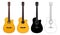 Vector set of classical guitars, in realistic, flat color, black silhouette and outline versions