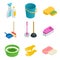 Vector set of cleaning tools. Home clean, sponge, broom, bucket, mop, cleaning brush. Graphic concept for web sites, web