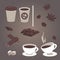 Vector set of coffee items, coffee cups, pieces of chocolate, star anise, coffee beans, cinnamon, hot and cold drinks