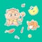 Vector set of color illustrations stickers angry child and terrible kitten. Baby food toys and hygiene items. The chubby curly fro