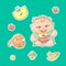 Vector set of color illustrations stickers happy child and kitten. Apples, bananas, kasha and other baby food. The chubby curly ki