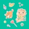 Vector set of color illustrations stickers joyful child and playful kitten. Baby bottle with water or milk, other food. The chubby