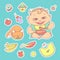 Vector set of color sketch illustrations stickers happy child and kitten. Apples, bananas, mush and other baby food. The