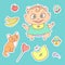 Vector set of color sketch illustrations stickers joyful child and kitten. Baby bottle with water or milk, other food