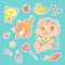 Vector set of color sketch illustrations stickers joyful child and playful kitten. Baby bottle with water or milk, other