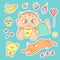 Vector set color sketch illustrations stickers joyful child and sleeping kitten. Baby bottle with water or milk, other