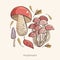 Vector set of colored forest mushrooms. Hand draws. Inscription. Assortment of mushrooms, white mushroom, honey mushrooms,