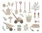 Vector set of colored garden tools, flowers, herbs, plants. Collection of gardening equipment. Flat spring illustration of spade,