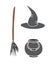 Vector set of Ñcolored witch hat bowl and broom