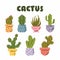 Vector set of colorful cactus plants in colored pots with outlines