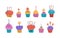 Vector set of colorful holiday doodle icons. Bday cake with candles, cupcakes, muffins. Happy birthday. Modern