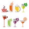 Vector set of colorful illustration of cocktails with fruits, coffee with grains, beer and wine glass