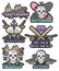 Vector set of colorful skateboard emblems. Isolated badges, labels, logos in vintage style with boards, skulls, crystals