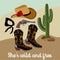 Vector set of cowboy hat with red rose, revolver, boots, bandana and cactus.