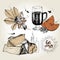 Vector set of cozy home essentials. Mulled wine, anise, orange, cinnamon, chestnut leaf, firewoods, candles.