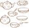 Vector set of crockery for tea-drinking - cups, mugs, teapot, sugar bowl and lump sugar.