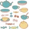 Vector set of crockery for tea-drinking - cups, mugs, teapot, sugar bowl, lump sugar and candies.