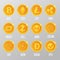 Vector set of Cryptocurrency gold coins with Bitcoin, ETH, LTC, XRP, DASH, ZEC, XMR, QTUM, IOT, NEN, DOGE, VTC. Digital