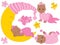 Vector Set with Cute African American Baby Girls, the Moon and Diapers