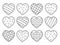 Vector set of cute black and white decorated hearts. Saint Valentineâ€™s day symbols or coloring page collection. Playful February