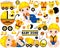 Vector Set with Cute Boys Dressed as Little Builders, Construction Transport and Accessories