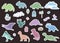 Vector set of cute dinosaurs stickers with clouds, eggs, birds,