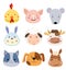 Vector Set of Cute Farm Animals and Pets Faces