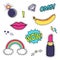 Vector set with cute fashion patch badges: lips, speech bubble, rainbow, stars, diamond, bomb, lipstick, banana isolated on white.
