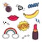 Vector set with cute fashion patch badges: lips, speech bubble, rainbow, stars, diamond, bomb, lipstick, banana isolated on white.