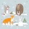 Vector set of cute forest animals: fox, bear, rabbit and squirrel on winter background.