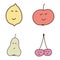 Vector set of cute fruits. Funny kawaii fruit characters isolated on white. Smily cartoon doodle fruits