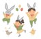 Vector set of cute funny bunny and happy children with ears, colored eggs, chirping bird and chick. Spring funny illustration.