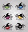 Vector set of cute funny multi colored spiders wearing witch hat isolated