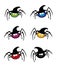 Vector set of cute funny multi colored spiders wearing witch hat on white