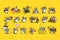 Vector set of cute gray mouse character in different poses: sit, jump, celebrate, walk, read, rest isolated on yellow background.