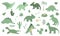 Vector set of cute green dinosaurs with palm trees, cactus, stones