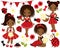 Vector Set with Cute Little African American Girls with Ladybugs