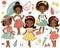 Vector Set with Cute Little African American Girls in Retro Style