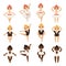 Vector set with cute little ballerinas in various dance steps. Caucasian and afro girls in ballet tutu and swimwear